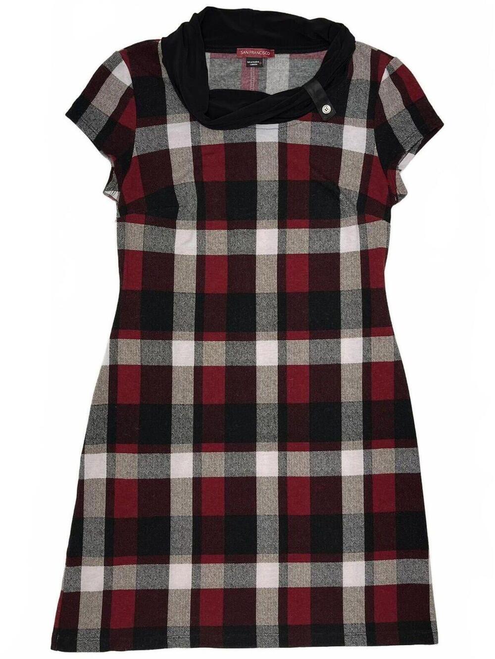 Vintage San Francisco Canada Made Red Plaid Short Sleeve Cowl Neck Midi Dress M